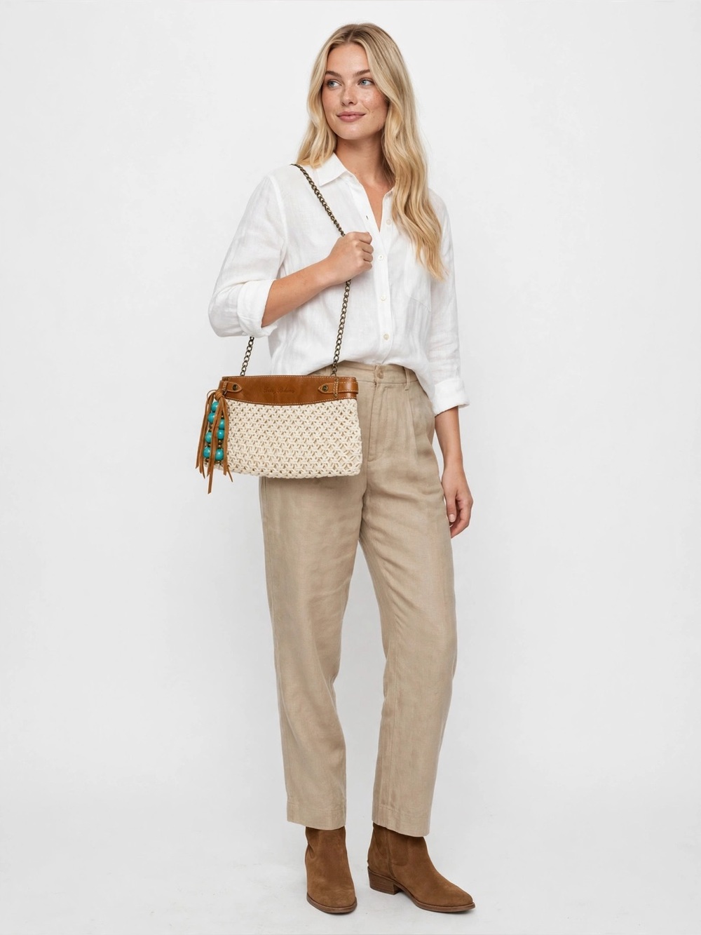 Tommy Bahama Woven Straw Crossbody Bag with Leather Trim in Natural/Tan